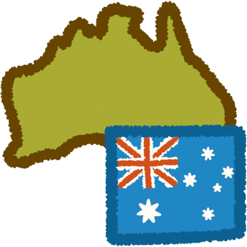 a green shape of the country of australia, with the australian flag.